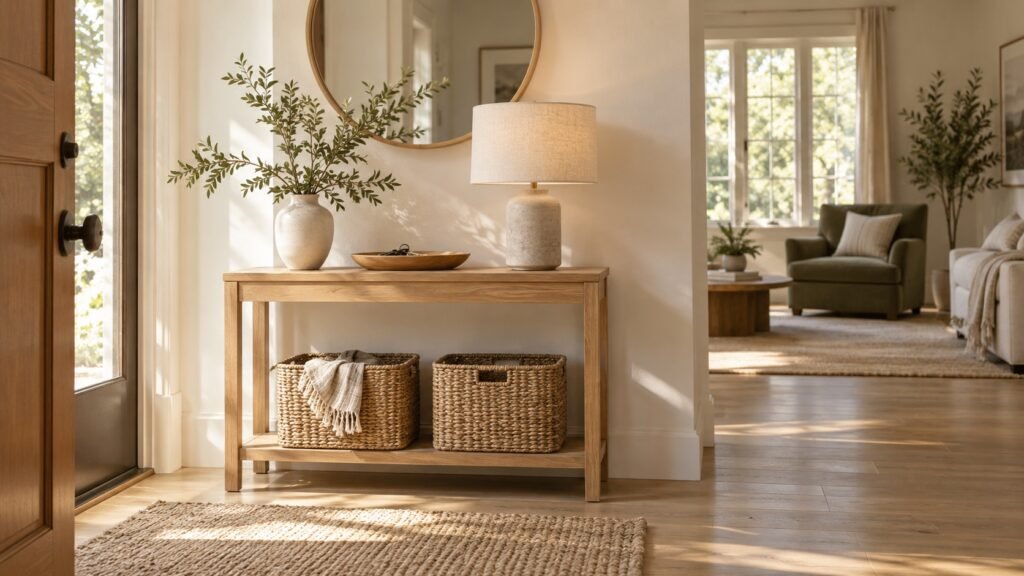 Sunlit home entryway with an oak console, woven storage baskets and a soft olive armchair